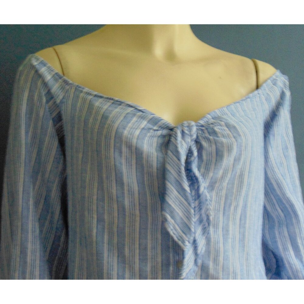 Free People Blue Striped Hello There Linen Tie Front Off Shoulder Top L - Picture 4 of 10